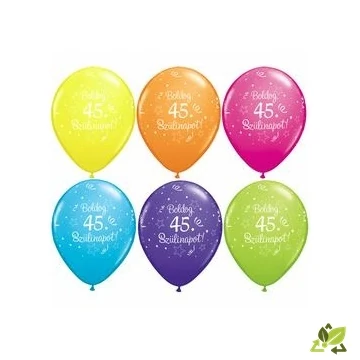 11 inch-es Boldog 45. Szülinapot Feliratú Shining Star Tropical Assortment Szülinapi Lufi (6 db/csomag)