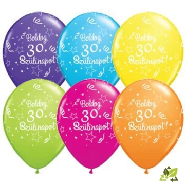 11 inch-es Boldog 30. Szülinapot Feliratú Shining Star Tropical Assortment Szülinapi Lufi (6db/csomag)