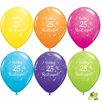 11 inch-es Boldog 25. Szülinapot Feliratú Shining Star Tropical Assortment Szülinapi Lufi (6db/csomag)