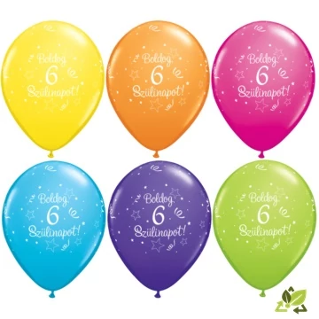 11 inch-es Boldog 6. Szülinapot Feliratú Shi. St. Tr. Assort. Szülinapi Lufi (6 db/csomag)
