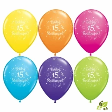 11 inch-es Boldog 15. Szülinapot Feliratú Shi. St. Ast. Szülinapi Lufi (6 db/csomag)