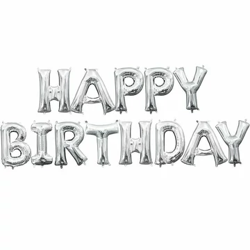 Léggömb fólia Happy Birthday felirat, ezüst