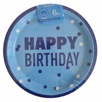 Happy Birthday kék konfettis parti tányér, 23cm, 6db/csomag