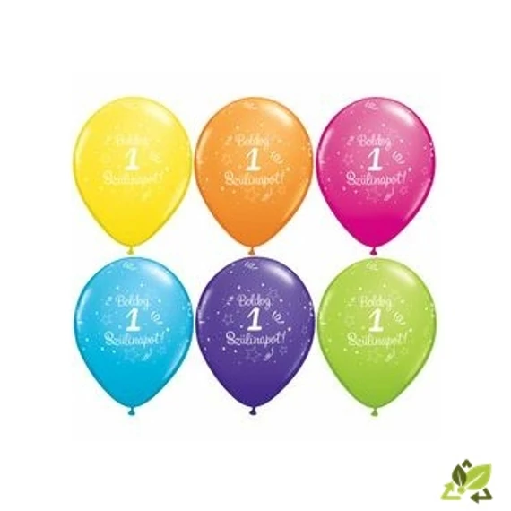 11 inch-es Boldog 1. Szülinapot Feliratú Shi. St. Tr. Assort. Szülinapi Lufi (6db/csomag)