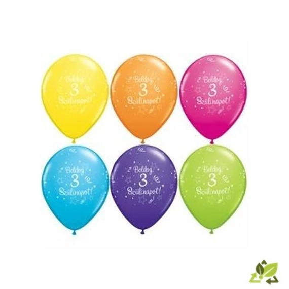 11 inch-es Boldog 3. Szülinapot Feliratú Shi. St. Tr. Assort. Szülinapi Lufi (6db/csomag)