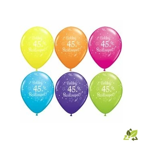 11 inch-es Boldog 45. Szülinapot Feliratú Shining Star Tropical Assortment Szülinapi Lufi (6 db/csomag)