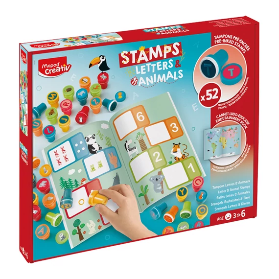 Nyomdázó készlet, foglalkoztató füzettel, MAPED CREATIV „Stamps”, betűk és állatok