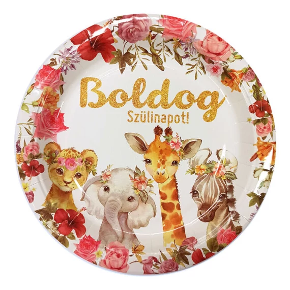 Boldog Szülinapot! állatos parti tányér, 23cm, 6db/csomag