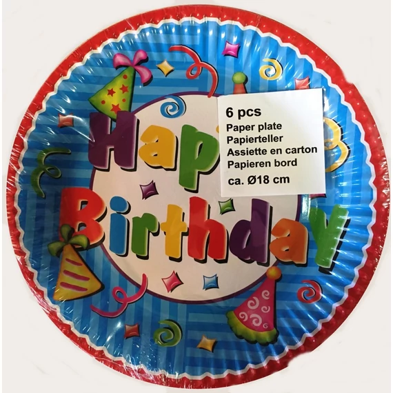 Happy Birthday parti tányér, 18cm, 6db/csomag